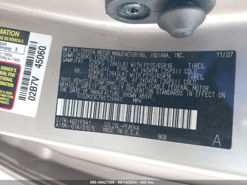 2008 Toyota Sienna Ce VIN: 5TDZK23C78S134841 Lot: 39427008