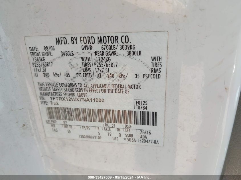 2007 Ford F-150 Stx/Xl/Xlt VIN: 1FTRX12WX7NA11000 Lot: 39427009