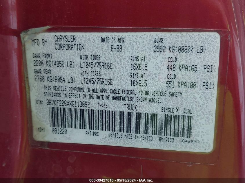 1999 Dodge Ram 2500 VIN: 3B7KF226XXG113092 Lot: 39427010