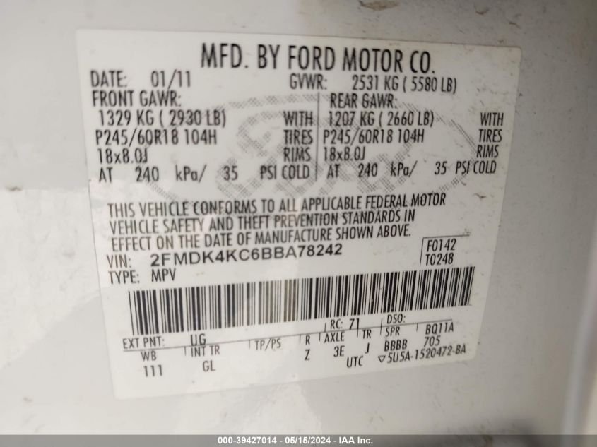 2011 Ford Edge Limited VIN: 2FMDK4KC6BBA78242 Lot: 39427014