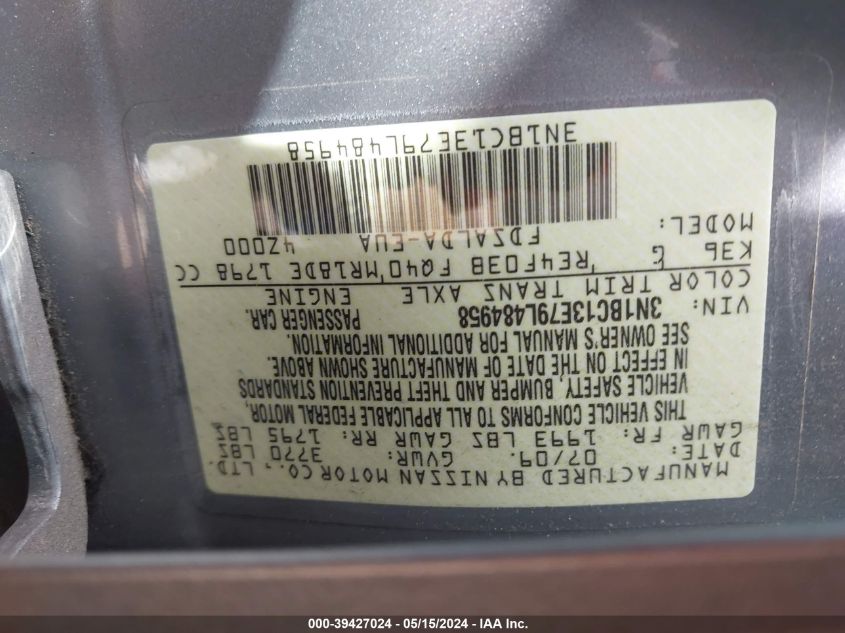 2009 Nissan Versa 1.8S VIN: 3N1BC13E79L484958 Lot: 39427024