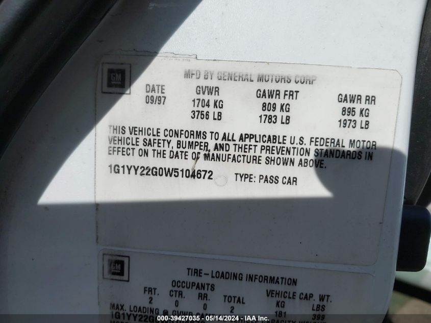 1998 Chevrolet Corvette VIN: 1G1YY22G0W5104672 Lot: 39427035