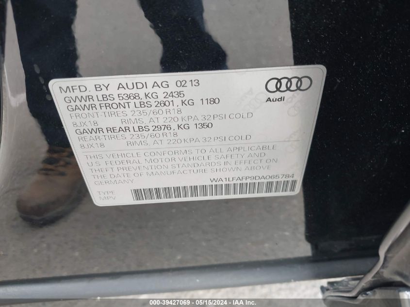 2013 Audi Q5 2.0T Premium VIN: WA1LFAFP9DA065784 Lot: 39427069