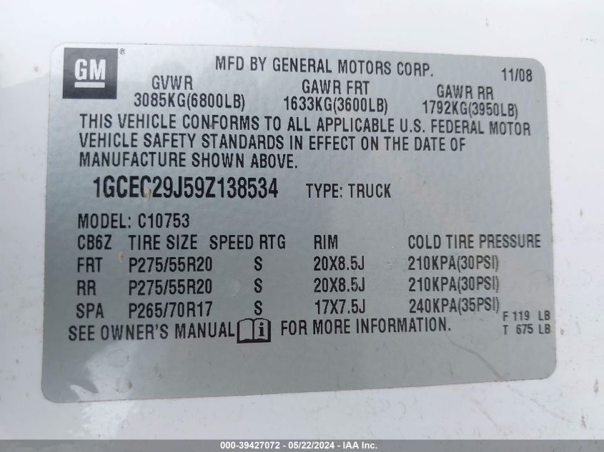 2009 Chevrolet Silverado 1500 Lt VIN: 1GCEC29J59Z138534 Lot: 39427072