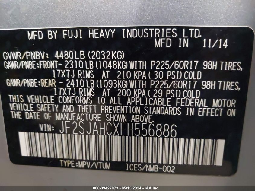 2015 Subaru Forester 2.5I Limited VIN: JF2SJAHCXFH556886 Lot: 39427073