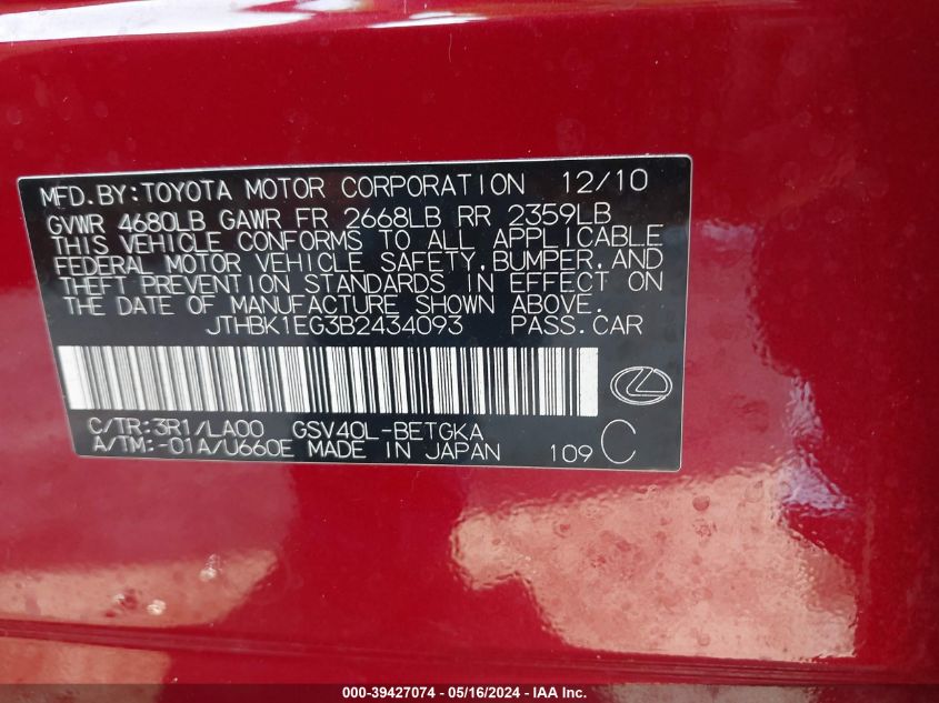 2011 Lexus Es 350 VIN: JTHBK1EG3B2434093 Lot: 39427074