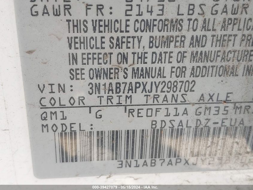 2018 Nissan Sentra Sv VIN: 3N1AB7APXJY298702 Lot: 39427079