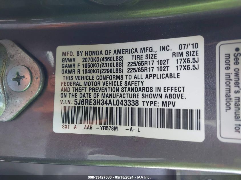 2010 Honda Cr-V Lx VIN: 5J6RE3H34AL043338 Lot: 39427083