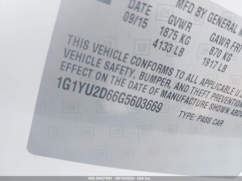 2016 Chevrolet Corvette Z06 VIN: 1G1YU2D66G5603669 Lot: 39427091
