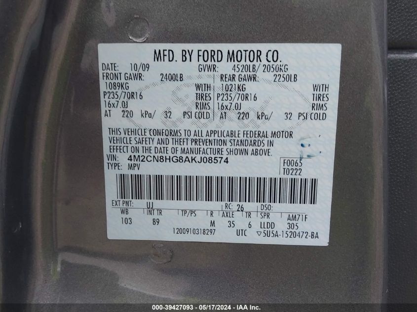 2010 Mercury Mariner Premier VIN: 4M2CN8HG8AKJ08574 Lot: 39427093