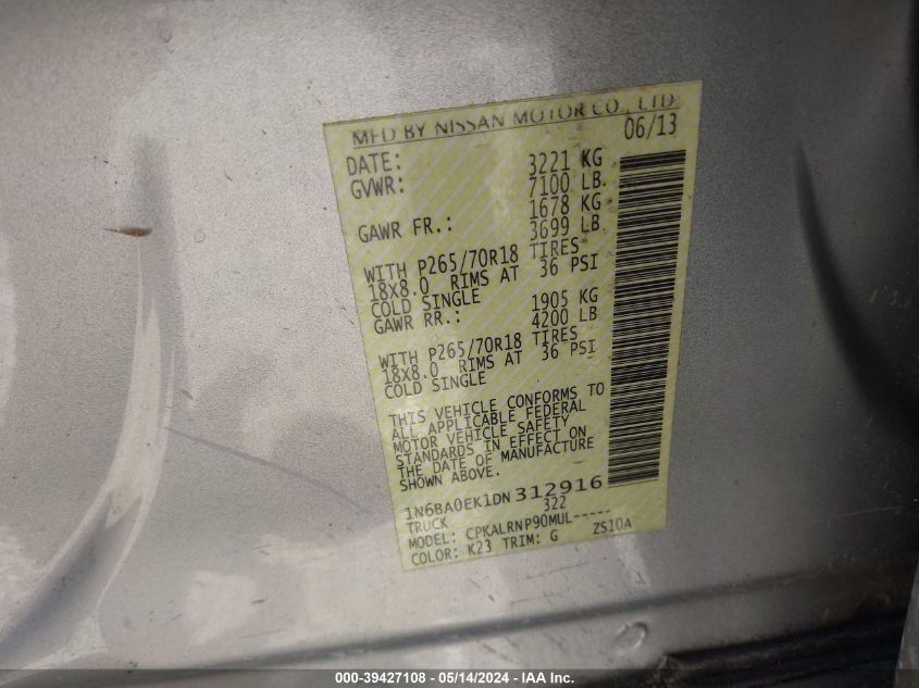 2013 Nissan Titan S VIN: 1N6BA0EK1DN312916 Lot: 39427108