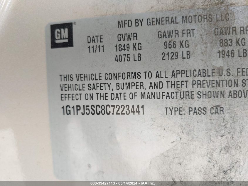 2012 Chevrolet Cruze Eco VIN: 1G1PJ5SC8C7223441 Lot: 39427113