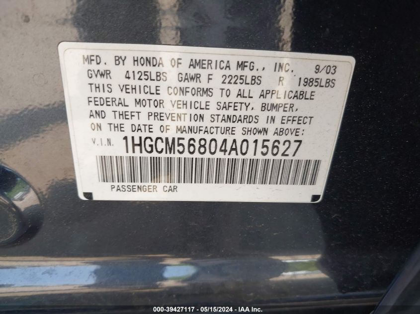 2004 Honda Accord 2.4 Ex VIN: 1HGCM56804A015627 Lot: 39427117