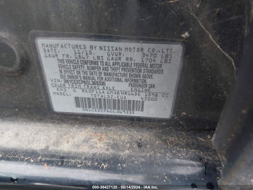 2016 Nissan Versa Note S (Sr)/S Plus/Sl/Sr/Sv VIN: 3N1CE2CP6GL369335 Lot: 39427120