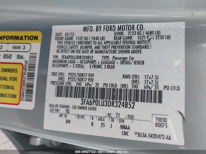 2013 Ford Fusion Hybrid Se VIN: 3FA6P0LU3DR324852 Lot: 39427122