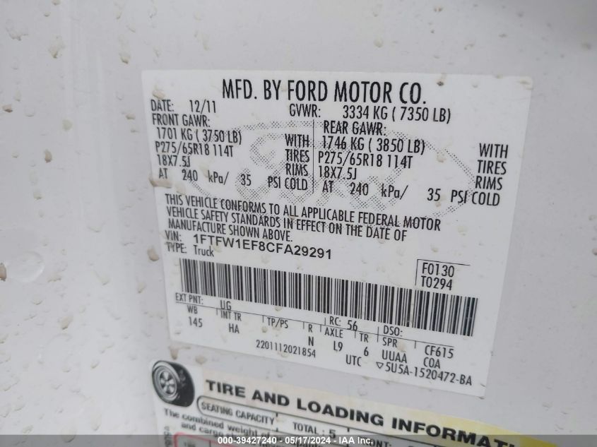 2012 Ford F-150 Lariat VIN: 1FTFW1EF8CFA29291 Lot: 39427240