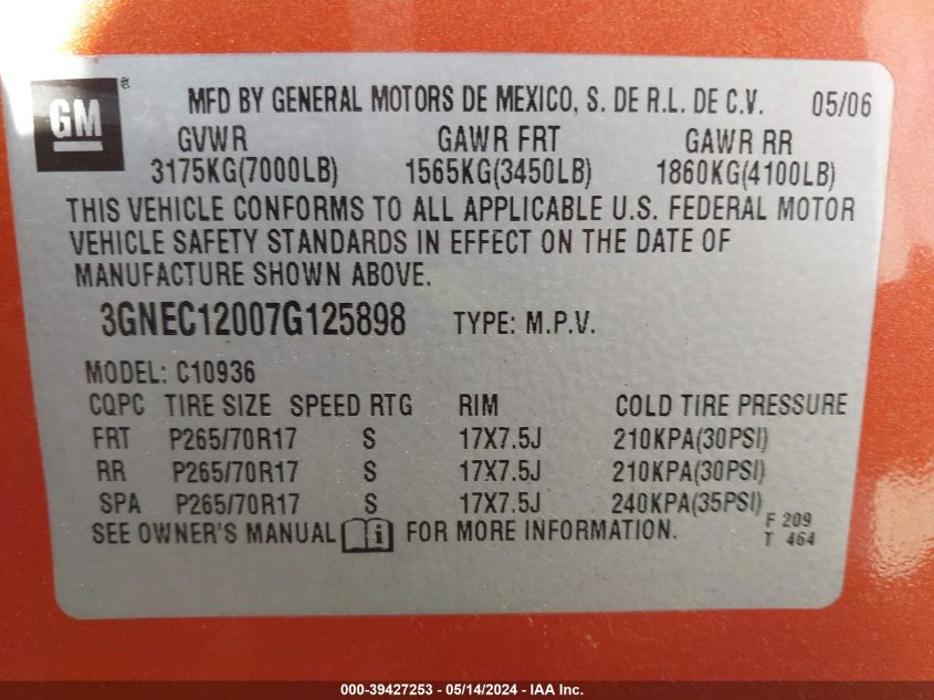 2007 Chevrolet Avalanche 1500 Ls VIN: 3GNEC12007G125898 Lot: 39427253