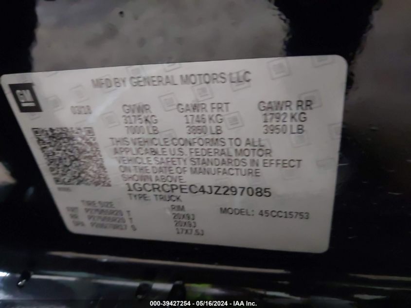 2018 Chevrolet Silverado 1500 Custom VIN: 1GCRCPEC4JZ297085 Lot: 39427254