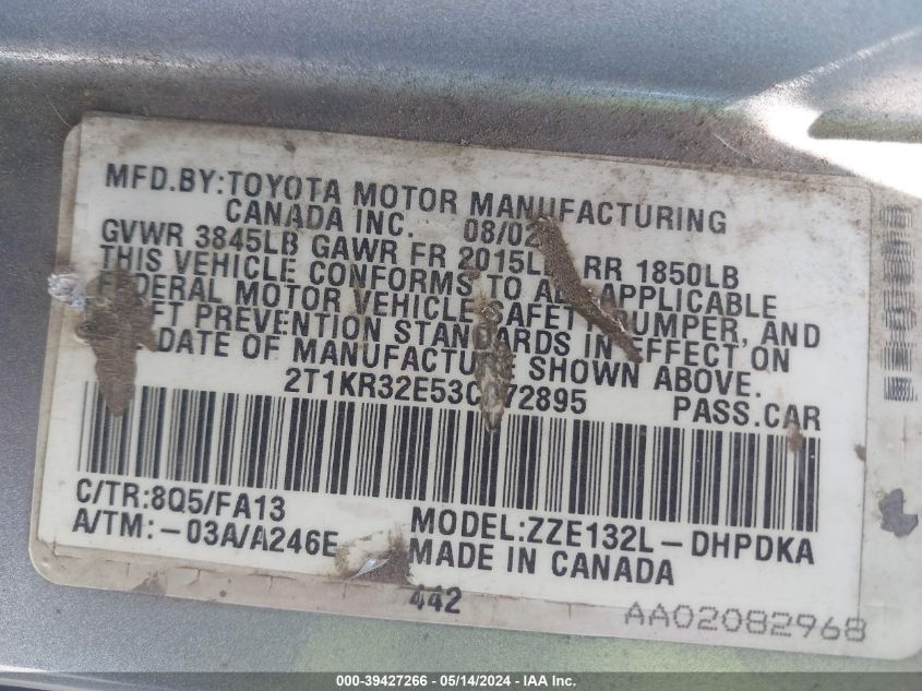 2003 Toyota Matrix Standard VIN: 2T1KR32E53C072895 Lot: 39427266