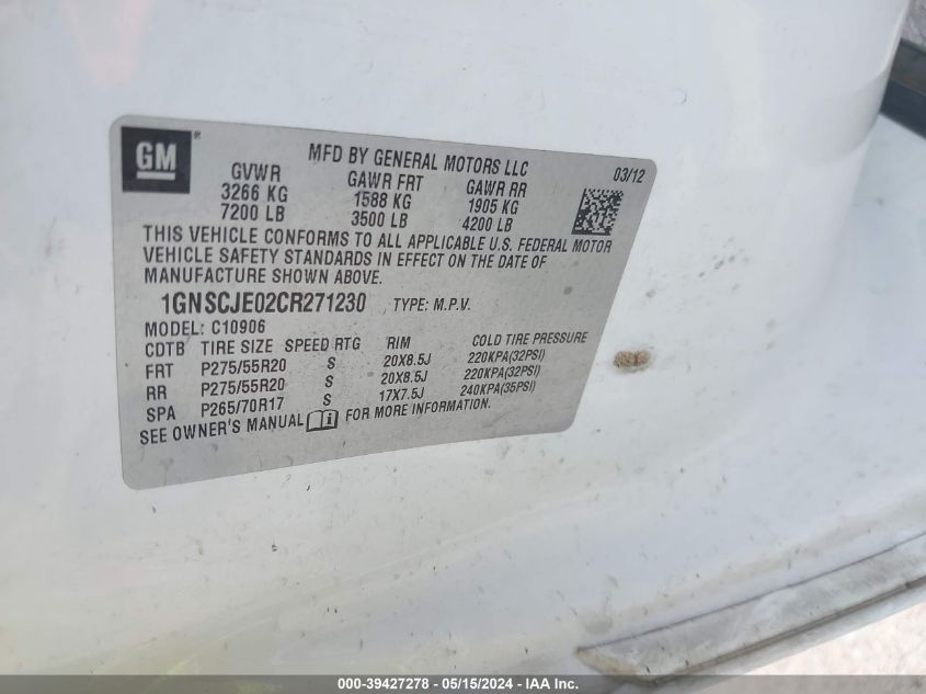 2012 Chevrolet Suburban 1500 Lt VIN: 1GNSCJE02CR271230 Lot: 39427278