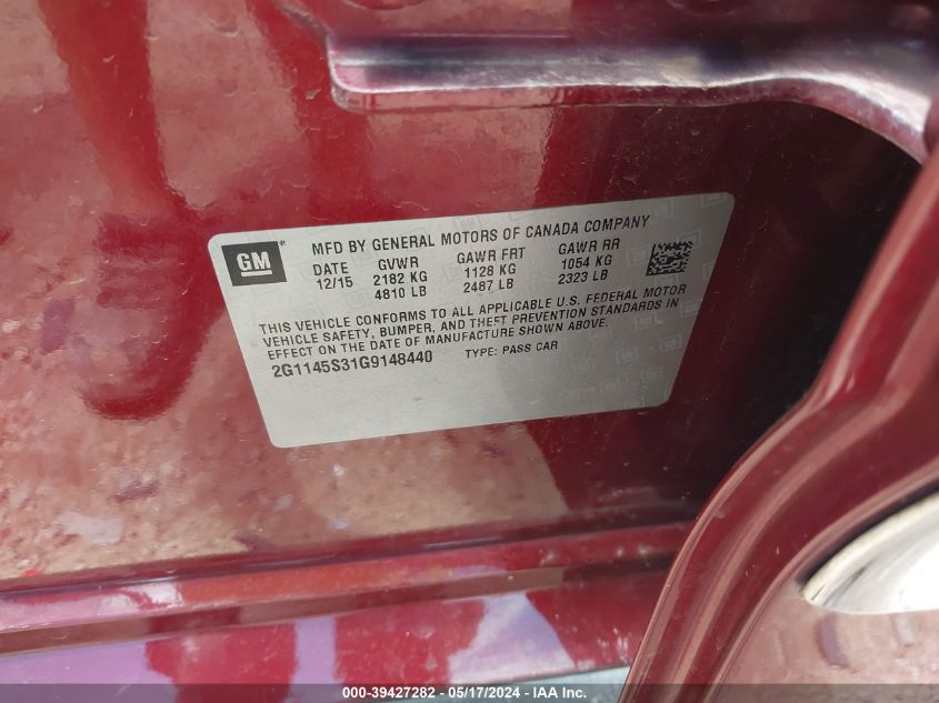 2016 Chevrolet Impala 2Lz VIN: 2G1145S31G9148440 Lot: 39427282