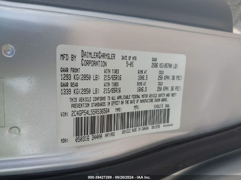 2005 Chrysler Town & Country Touring VIN: 2C4GP54L55R536564 Lot: 39427289