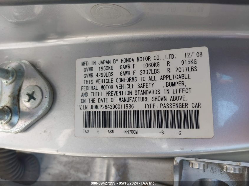 2009 Honda Accord 2.4 Lx-P VIN: JHMCP26439C011986 Lot: 39427299