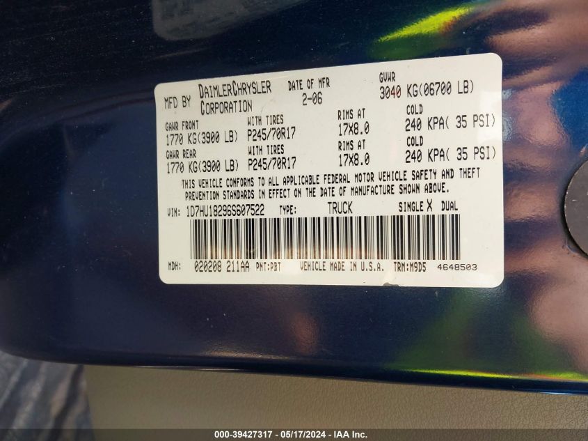 2006 Dodge Ram 1500 Slt/Trx4 Off Road/Sport VIN: 1D7HU18296S607522 Lot: 39427317