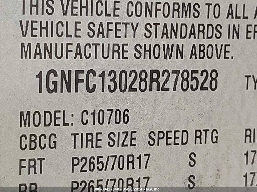 2008 Chevrolet Tahoe Lt VIN: 1GNFC13028R278528 Lot: 39427340