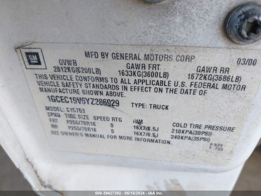 2000 Chevrolet Silverado 1500 C1500 VIN: 1GCEC19V6YZ286929 Lot: 39427392