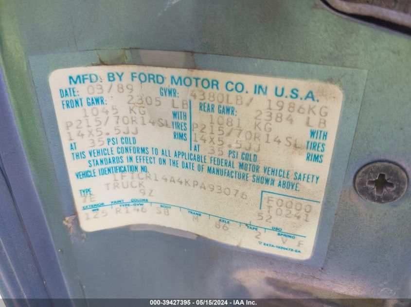 1989 Ford Ranger Super Cab VIN: 1FTCR14A4KPA93076 Lot: 39427395