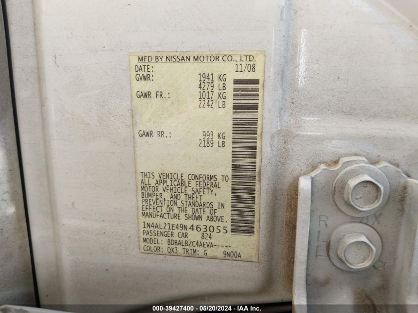2009 Nissan Altima 2.5 S VIN: 1N4AL21E49N463055 Lot: 39427400