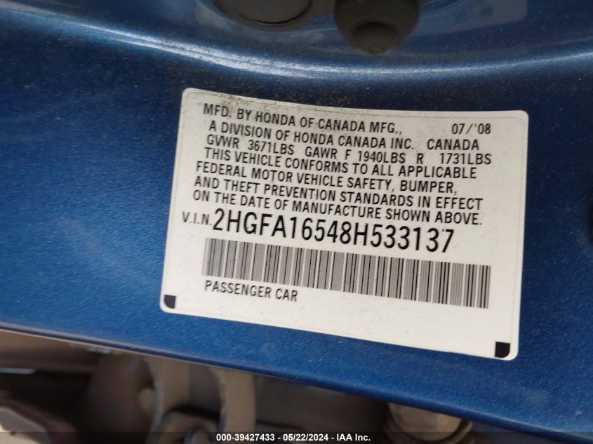 2008 Honda Civic Lx VIN: 2HGFA16548H533137 Lot: 39427433