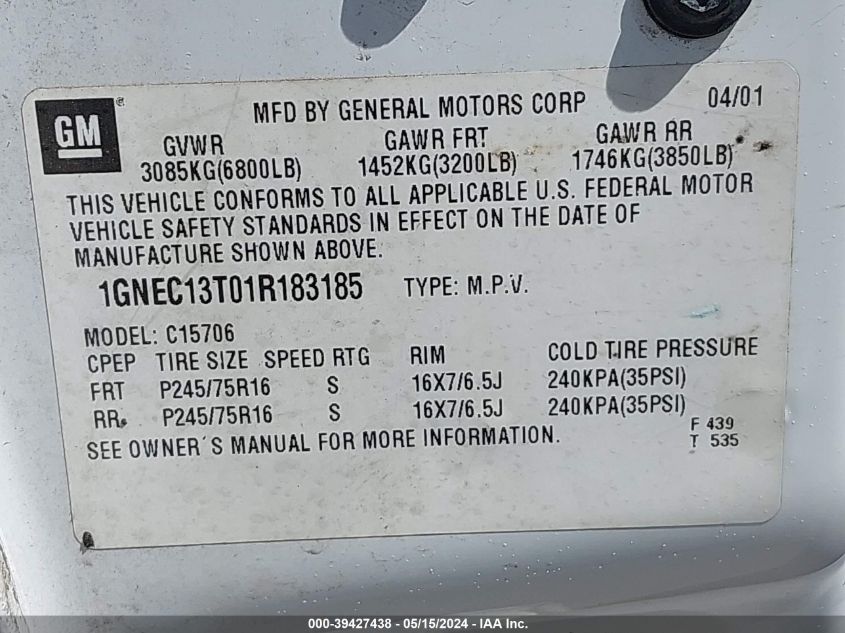 2001 Chevrolet Tahoe Ls VIN: 1GNEC13T01R183185 Lot: 39427438