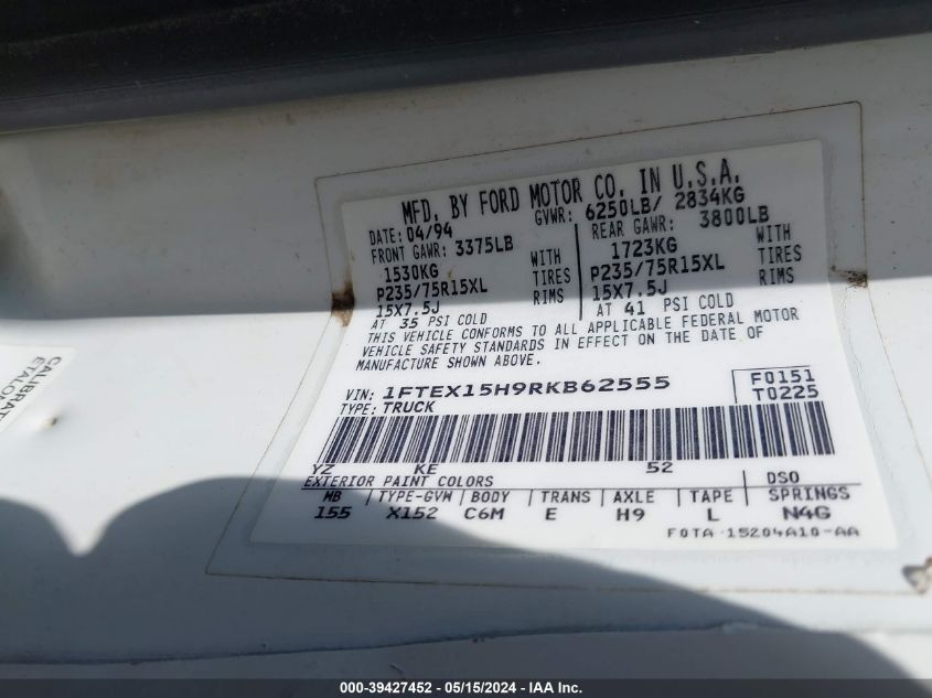 1994 Ford F150 VIN: 1FTEX15H9RKB62555 Lot: 39427452