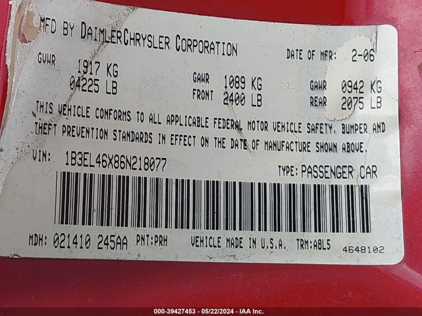 2006 Dodge Stratus Sxt VIN: 1B3EL46X86N218077 Lot: 39427453