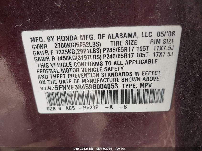 2009 Honda Pilot Ex VIN: 5FNYF38459B004053 Lot: 39427456