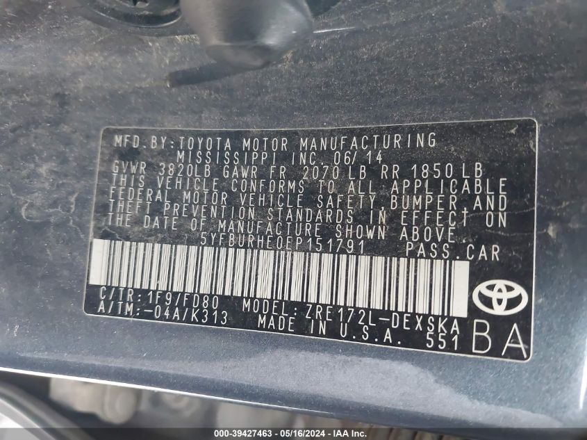 2014 Toyota Corolla S VIN: 5YFBURHE0EP151791 Lot: 39427463