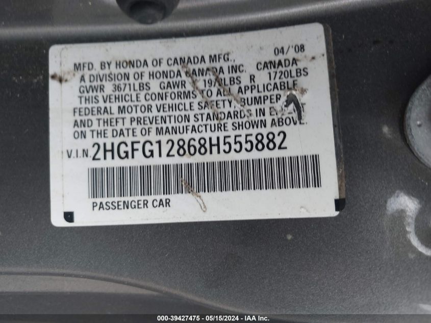 2008 Honda Civic Ex VIN: 2HGFG12868H555882 Lot: 39427475