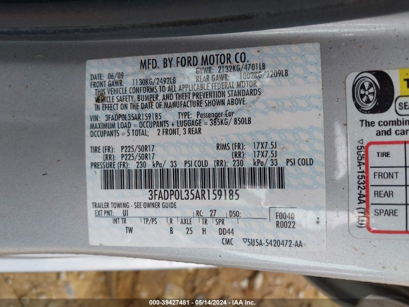 2010 Ford Fusion Hybrid VIN: 3FADP0L35AR159185 Lot: 39427481