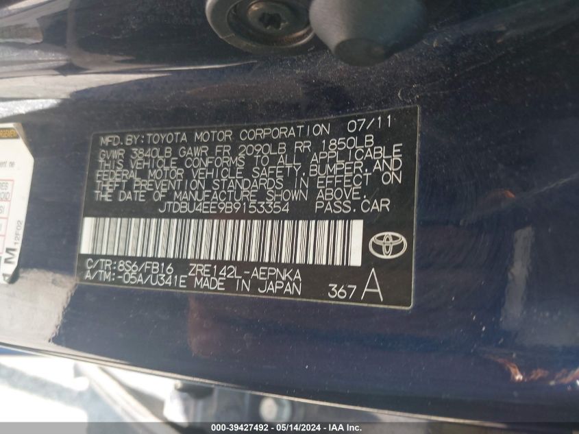 2011 Toyota Corolla Le VIN: JTDBU4EE9B9153354 Lot: 39427492