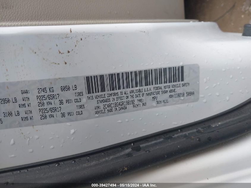 2016 Chrysler Town & Country Touring VIN: 2C4RC1BG4GR198192 Lot: 39427494