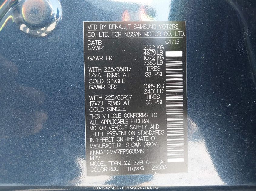 2015 Nissan Rogue Sv VIN: KNMAT2MV7FP563849 Lot: 39427496