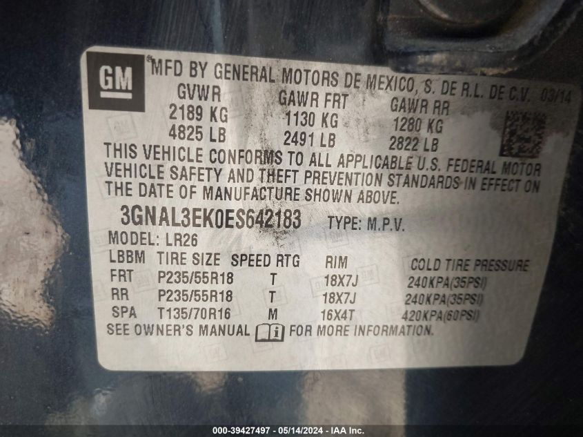 2014 Chevrolet Captiva Sport Lt VIN: 3GNAL3EK0ES642183 Lot: 39427497