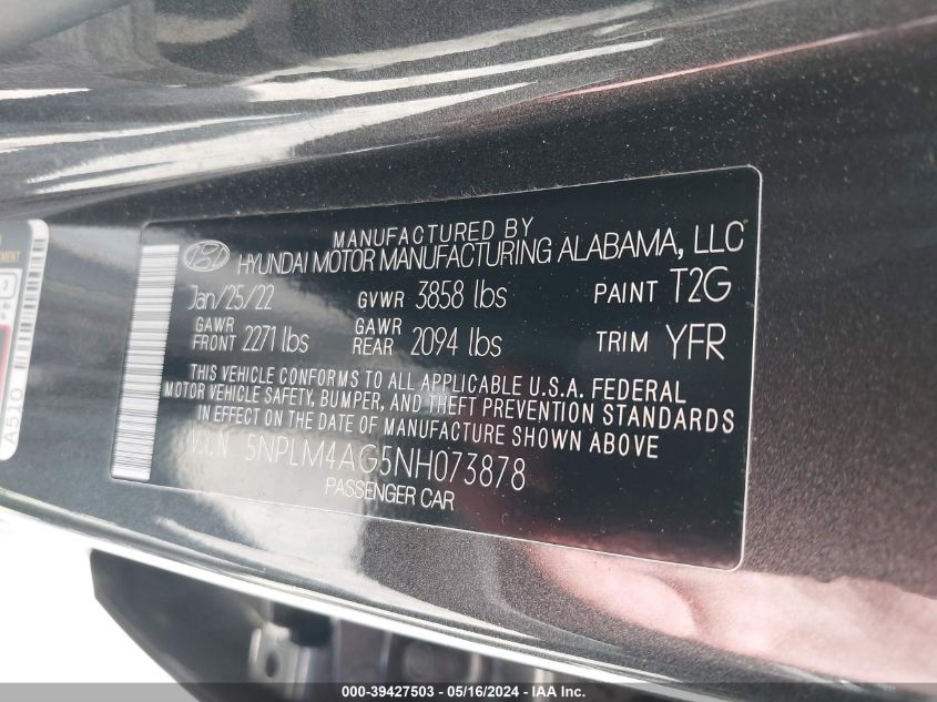 2022 Hyundai Elantra Sel VIN: 5NPLM4AG5NH073878 Lot: 39427503