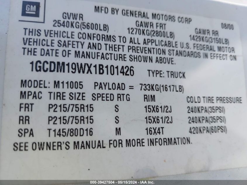 2001 Chevrolet Astro VIN: 1GCDM19WX1B101426 Lot: 39427504