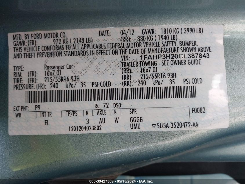 2012 Ford Focus Sel VIN: 1FAHP3H20CL387843 Lot: 39427509