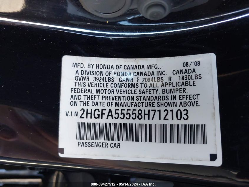 2008 Honda Civic Si VIN: 2HGFA55558H712103 Lot: 39427512