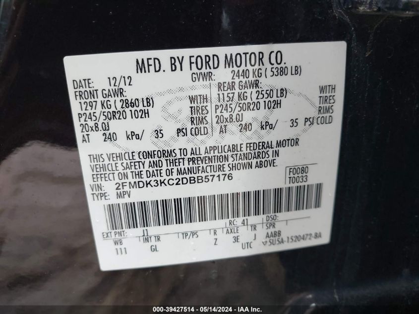 2013 Ford Edge Limited VIN: 2FMDK3KC2DBB57176 Lot: 39427514