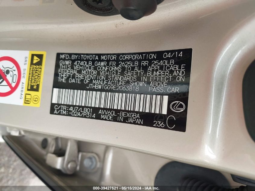 2014 Lexus Es 300H VIN: JTHBW1GG9E2063818 Lot: 39427521